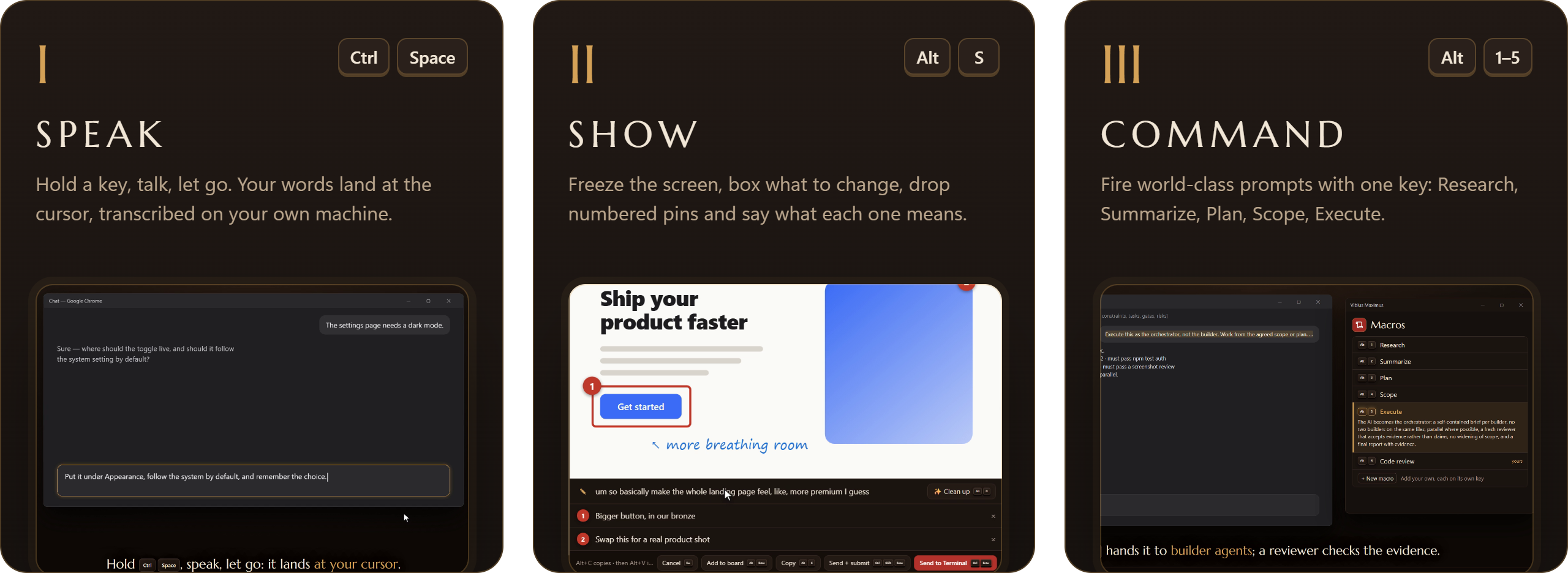 I Speak: hold Ctrl+Space, talk, let go. II Show: Alt+S freezes the screen to box, pin and caption. III Command: Alt+1 to Alt+5 fire prompt macros.